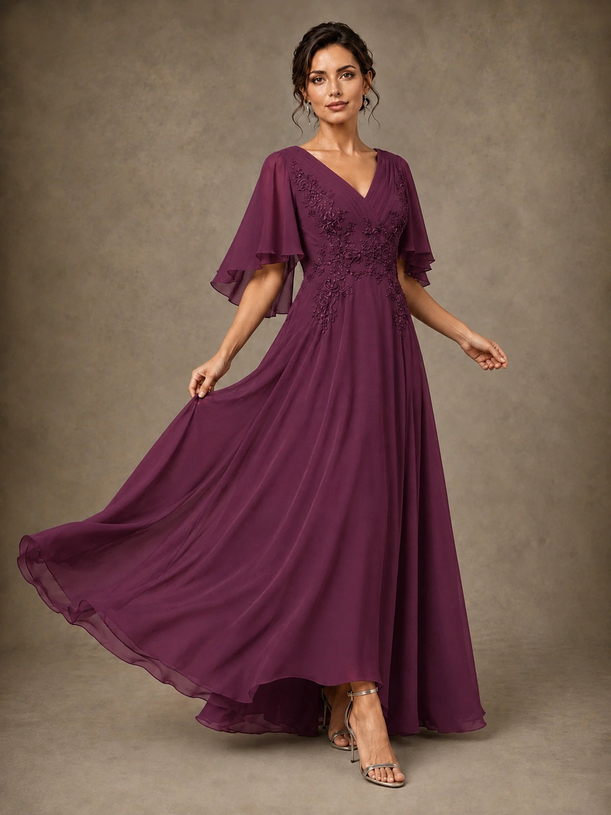 V-Neck Chiffon Lace Mother of the Bride Dress with Flutter Sleeves