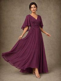 V-Neck Chiffon Lace Mother of the Bride Dress with Flutter Sleeves