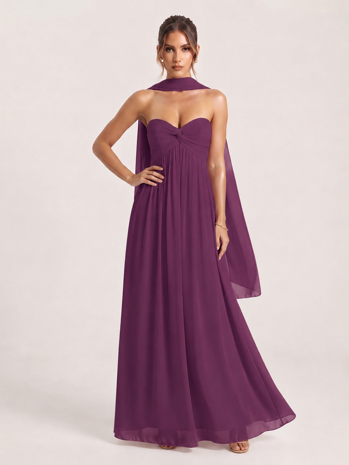 Strapless Ruched Chiffon Long Prom Dress with Scarf