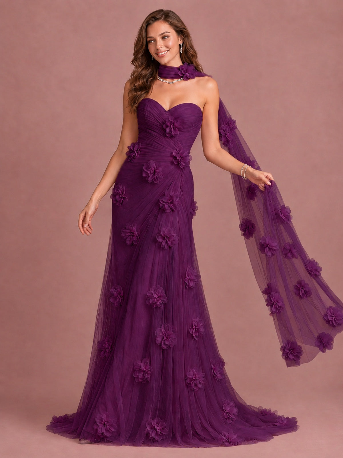 Blush Pink Strapless Sweetheart 3D Floral Tulle Mermaid Prom Dress