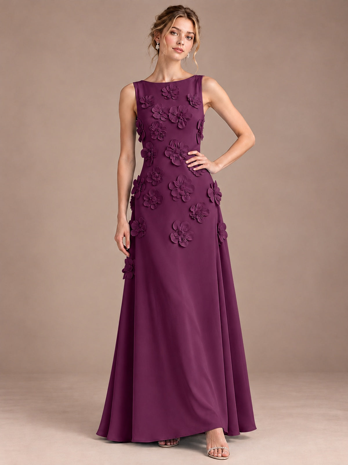 3D Floral Applique Sleeveless Formal Maxi Dress