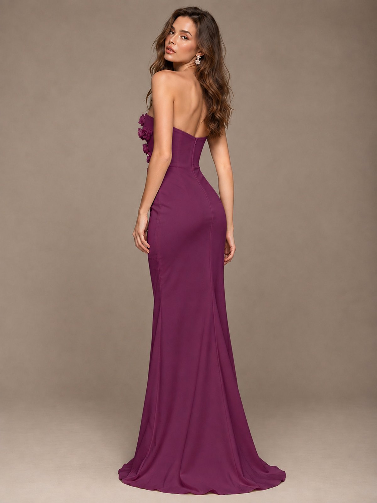 White Strapless Mermaid Maxi Dress with 3D Floral Appliques