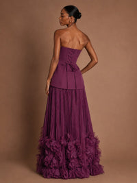 Strapless Pleated Floral Satin Formal Dress with Side Slit