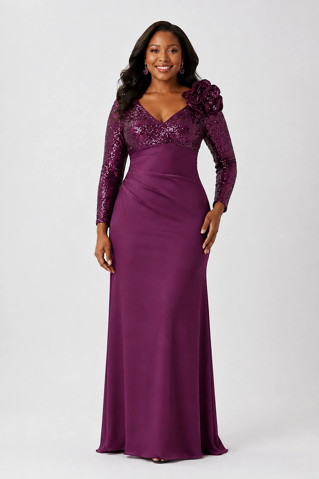 Sequin Mother of the Bride Dress with Long Sleeves 3D Floral V-Neck Gown