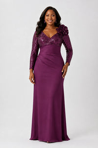 Sequin Mother of the Bride Dress with Long Sleeves 3D Floral V-Neck Gown