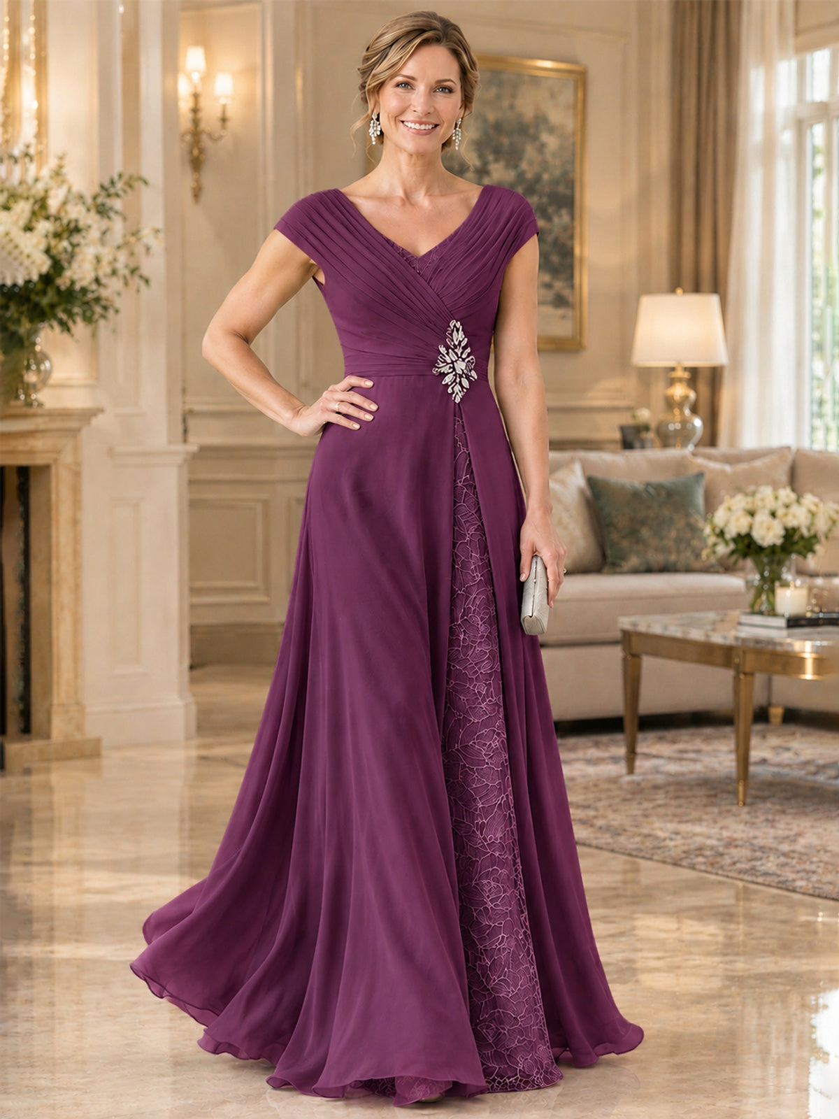 Pleated Chiffon Lace Mother of The Bride Dresses with Beading Cap Sleeves