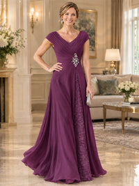 Pleated Chiffon Lace Mother of The Bride Dresses with Beading Cap Sleeves