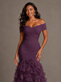 Pink Off-the-Shoulder Mermaid Prom Dress with Ruffles 3D Flowers