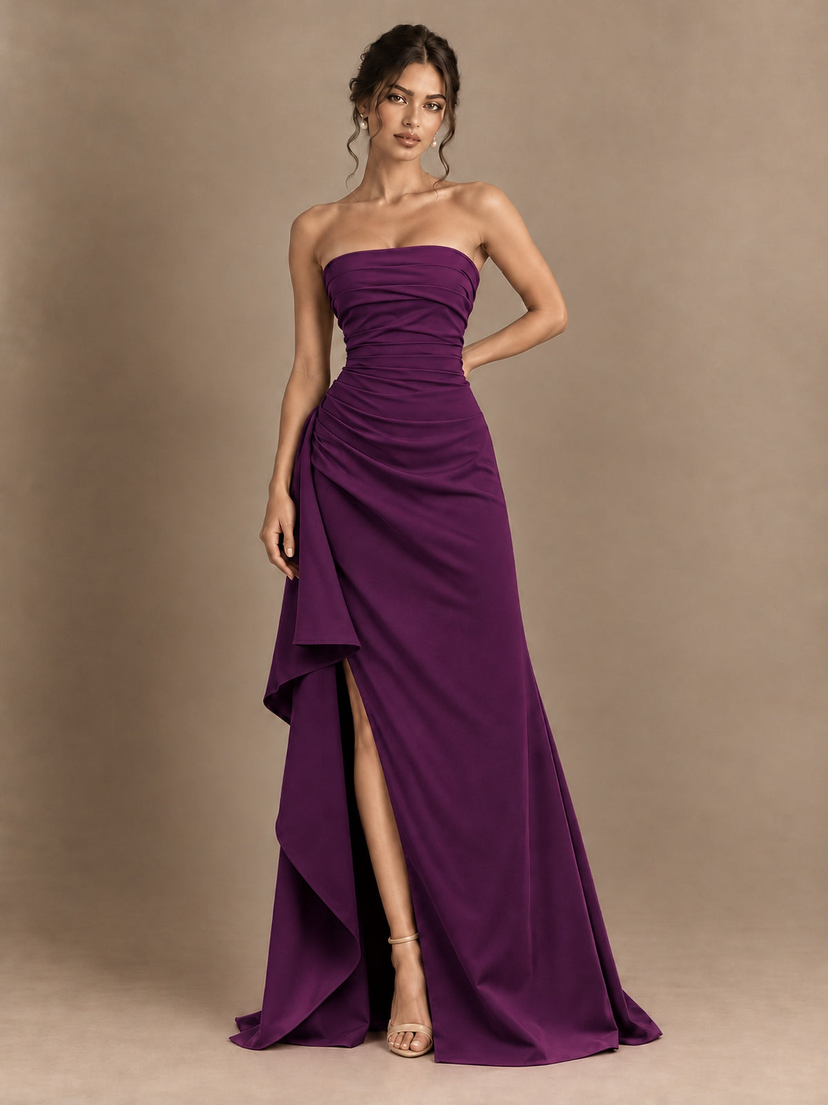 Black and White Strapless Ruched Prom Dress with High Slit & Side Drape