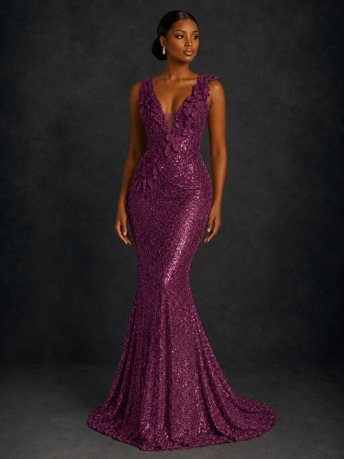 Gold Sequin Floral Applique Mermaid Prom Dress