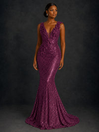 Gold Sequin Floral Applique Mermaid Prom Dress