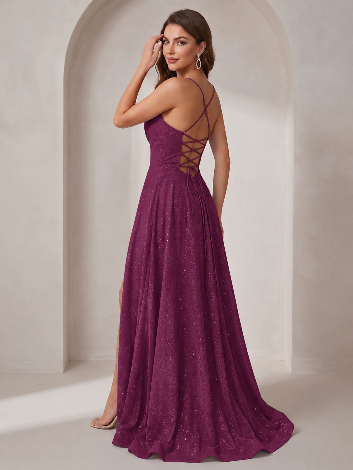 Sparkly Cowl Neck Corset Long Prom Dress with Slit A-line Tulle Ball Gown