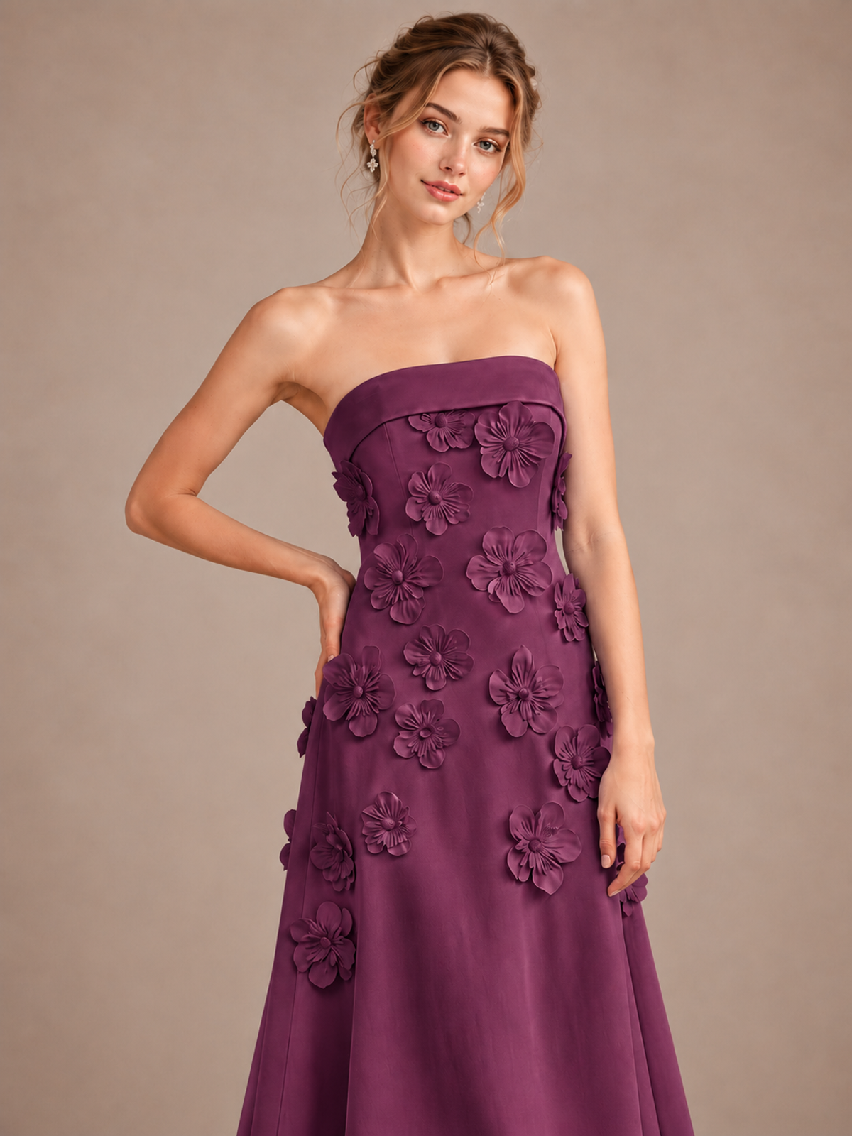 Plum Strapless 3D Floral Appliques Maxi Dress