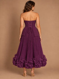 Navy Blue Strapless Pleated A-Line Midi Dress with 3D Floral Applique