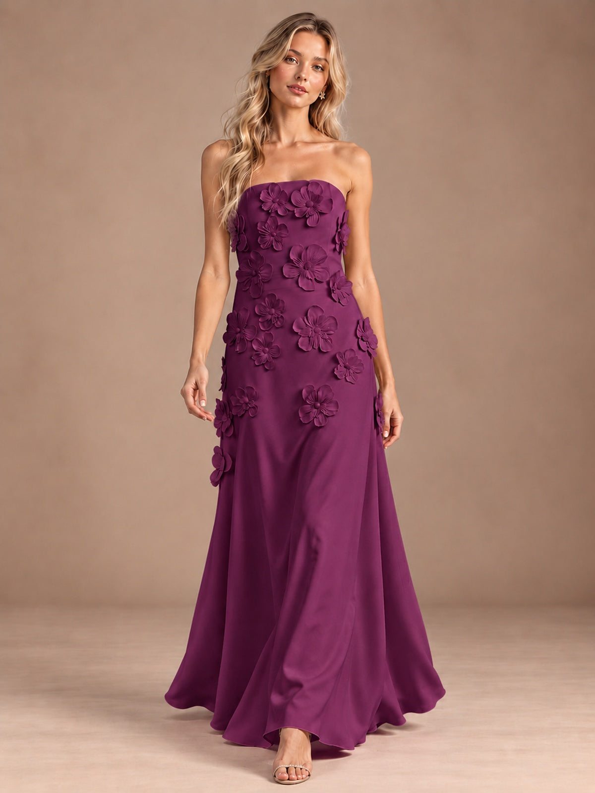Yellow Strapless A-line Satin Maxi Dress with 3D Floral