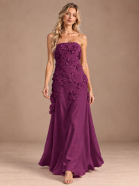 Yellow Strapless A-line Satin Maxi Dress with 3D Floral