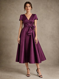 Plum V-Neck Tea-Length Satin Mother of the Bride Dress with Bow Jovellee