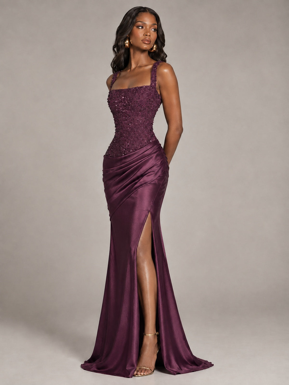Scoop Neck Sequin Prom Dress with High Slit Satin Formal Gowns
