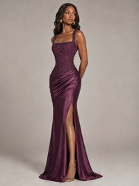 Scoop Neck Sequin Prom Dress with High Slit Satin Formal Gowns
