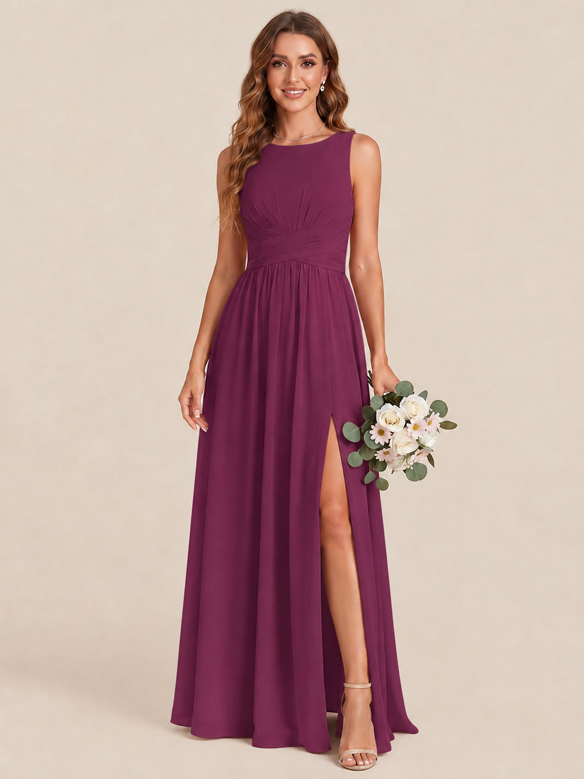 A-line Sleeveless Rucehd Chiffon Bridesmaid Dress with High Slit