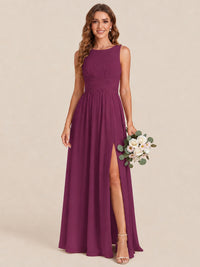 A-line Sleeveless Rucehd Chiffon Bridesmaid Dress with High Slit