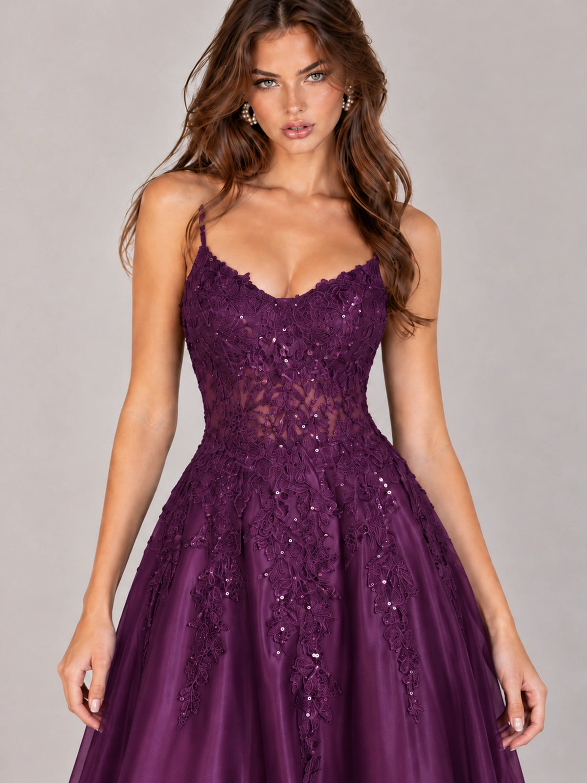 Lace Applique Satin A-Line Prom Dress with Sheer Bodice