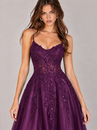 Lace Applique Satin A-Line Prom Dress with Sheer Bodice
