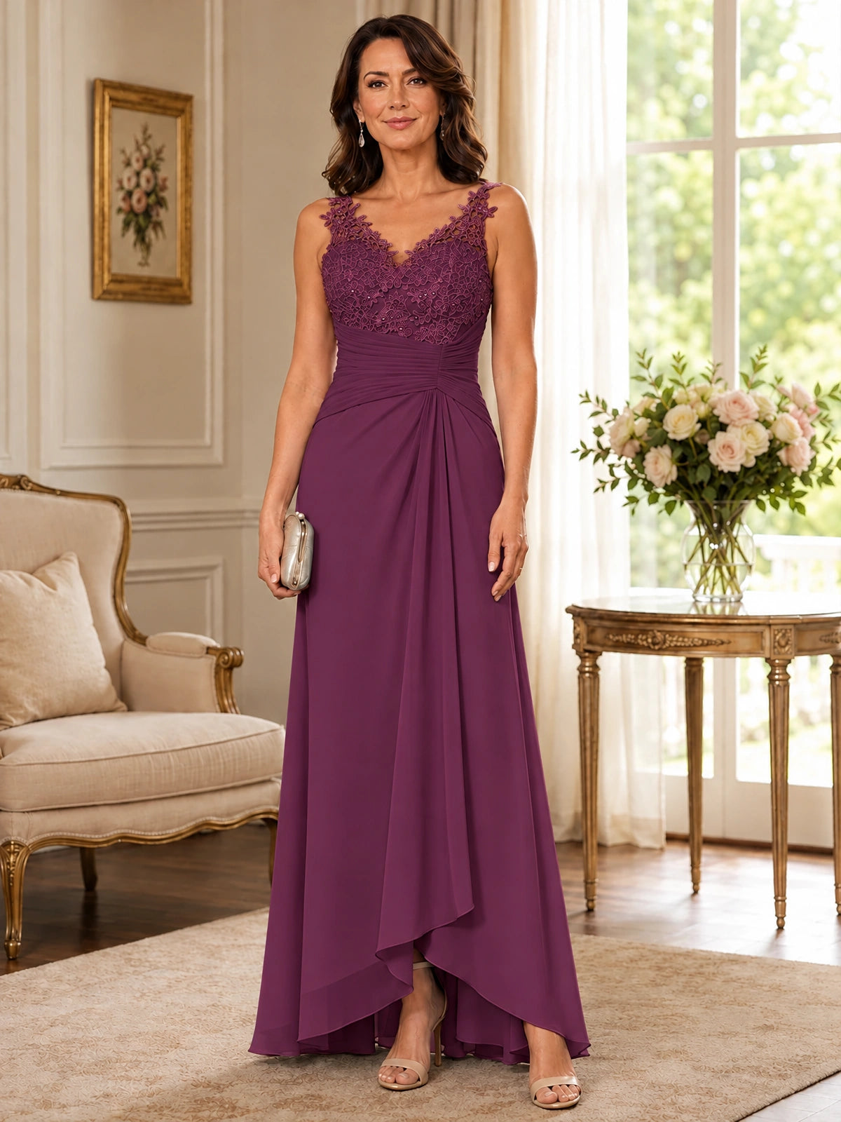 Elegant Chiffon Mother of the Bride Dress with Lace Applique and Cape Sleeves