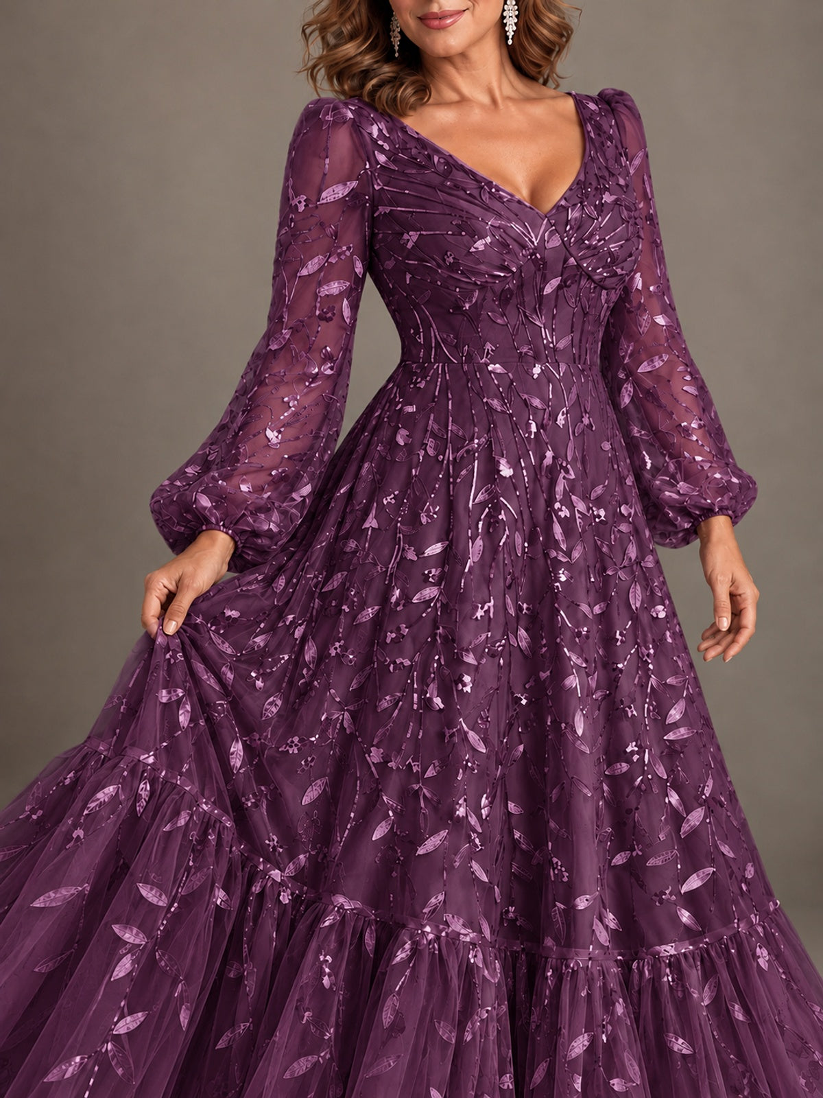 Floral Sequin Embroidered A-Line Mother of the Bride Dress with Long Sleeves