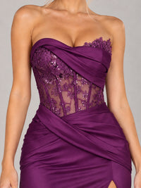 Strapless Satin Prom Dress with Sheer Lace Corset & High Slit