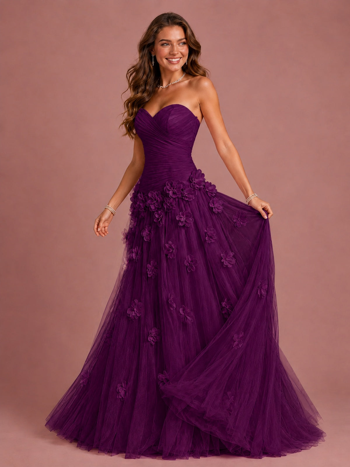 Blush Pink Strapless Sweetheart 3D Floral Tulle Ball Gown Prom Dres