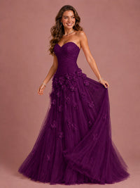 Blush Pink Strapless Sweetheart 3D Floral Tulle Ball Gown Prom Dres