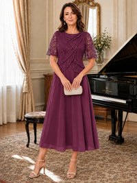 Tea-Length Chiffon Mother of the Bride Dress with Sequin Lace Sleeves