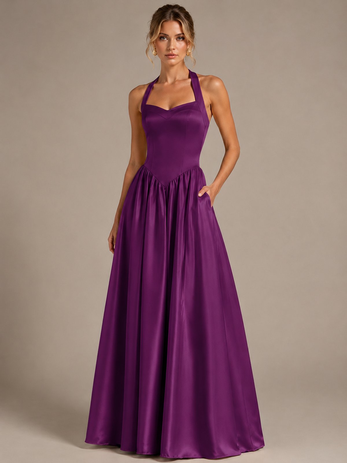 Light Yellow Halter Neck Satin A-Line Maxi Dress with Pockets