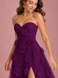 3D Floral Applique Strapless Tulle Prom Dress with High Slit