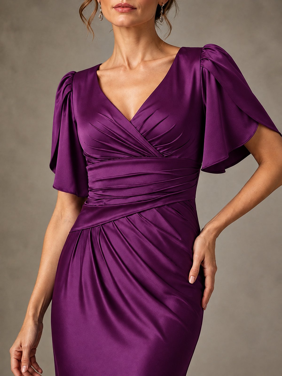 V-Neck Satin Mother of the Bride Dress with Flutter Sleeves