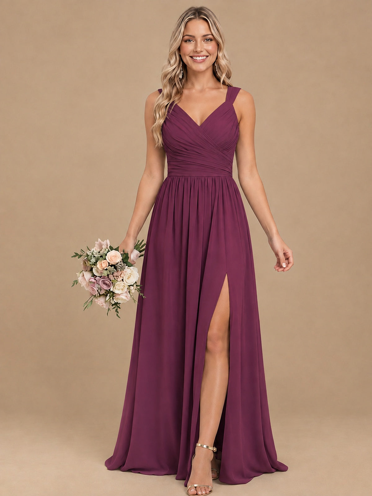 Pleated Chiffon V Neck Wedding Bridesmaid Dresses Floor Length with Slit