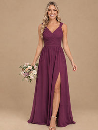Pleated Chiffon V Neck Wedding Bridesmaid Dresses Floor Length with Slit