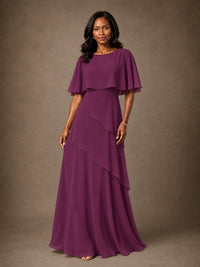 Taupe Chiffon A-Line Mother of the Bride Dress with Cape Sleeves