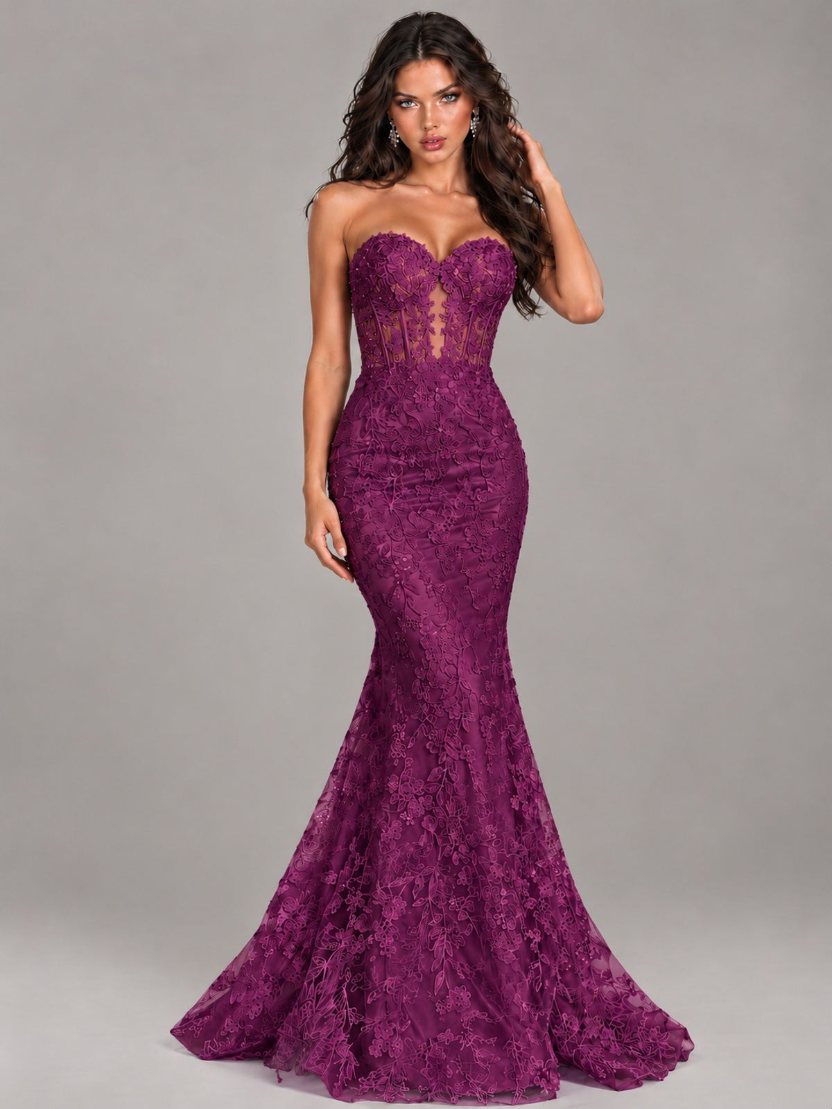Strapless Corset Mermaid Prom Dress Lace Appliqué Formal Gown