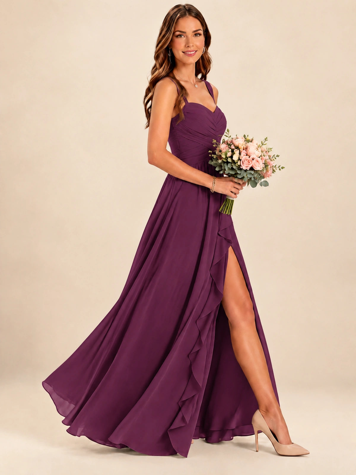 Spaghetti Straps Pleated Chiffon Bridesmaid Dress with Ruffle Slit