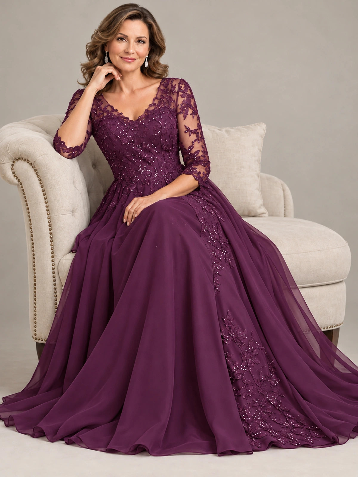 Sequin Lace A-Line Mother of the Bride Dress with 3/4 Sleeves