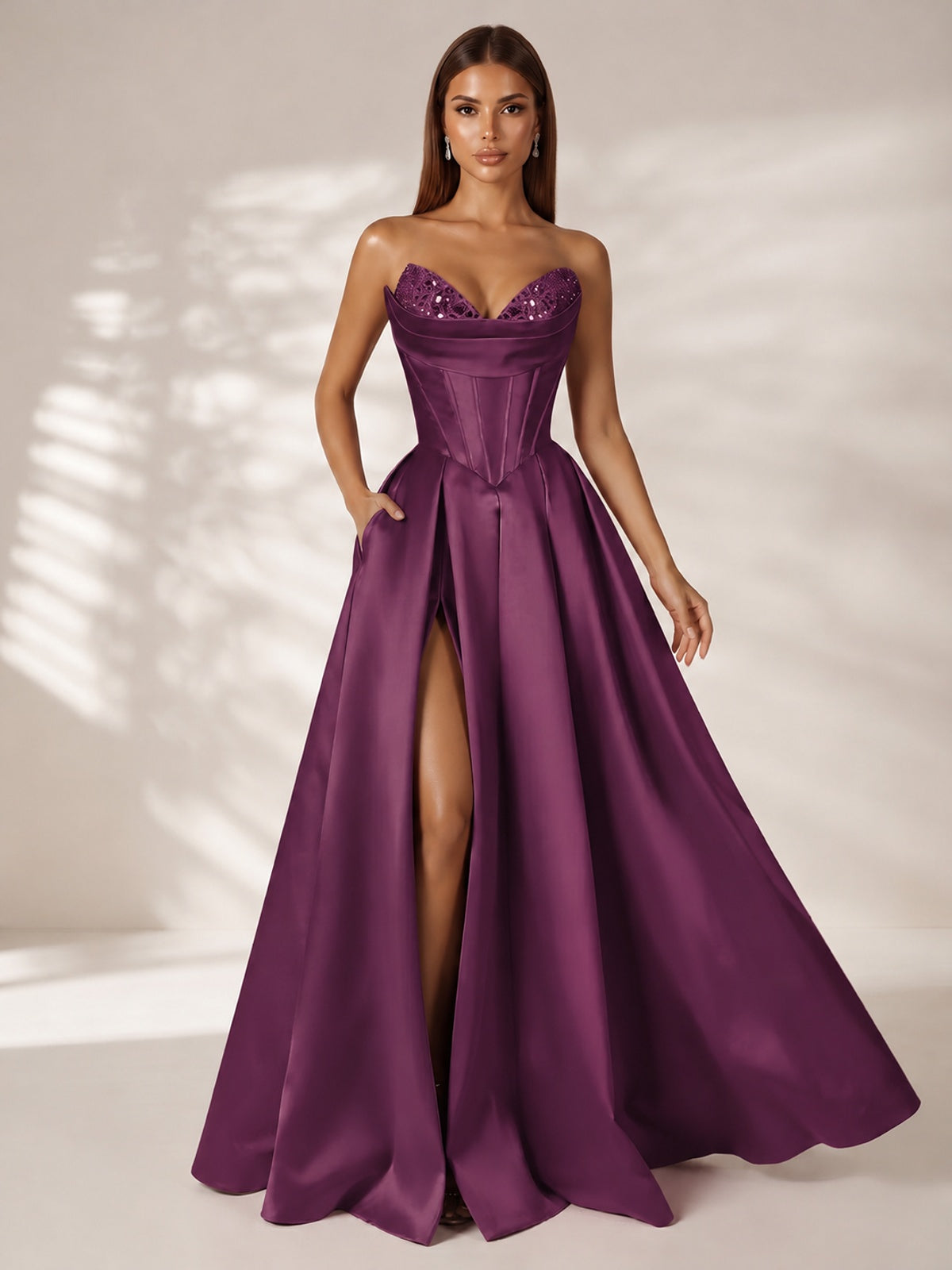 Strapless Corset Satin Prom Dress Long Evening Gown with High Slit
