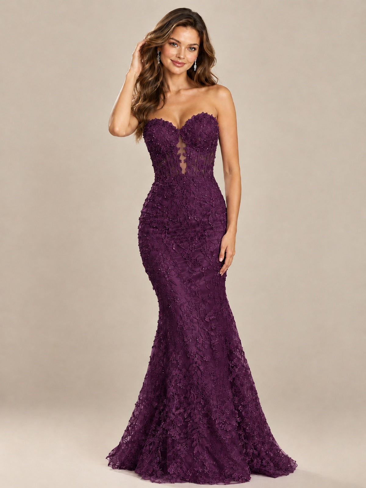 Strapless Corset Mermaid Prom Dress with Floral Lace Appliqué