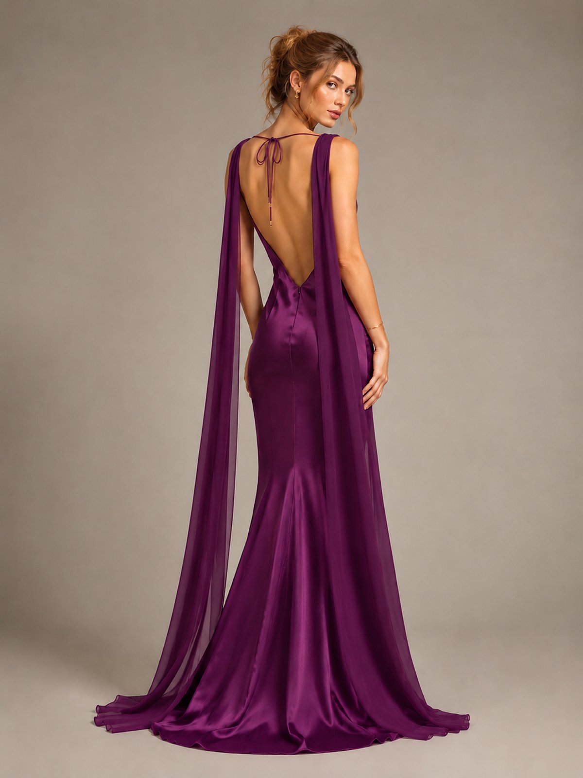 Burgundy Satin Mermaid Cape Maxi Dress