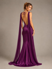Burgundy Satin Mermaid Cape Maxi Dress