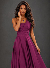 Draped Satin Prom Dress Strapless A-line Formal Dress Floor Length