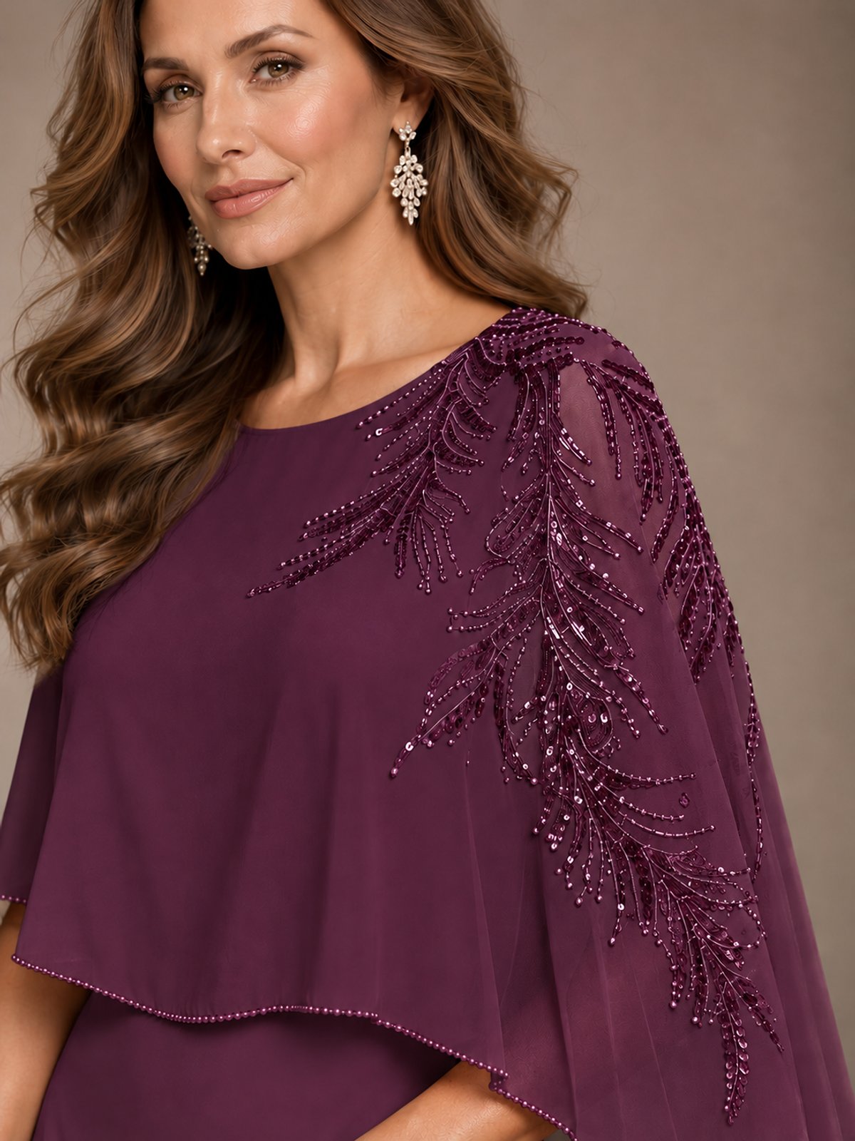Elegant Chiffon Cape Sleeve Beaded Mother of the Bride Dress