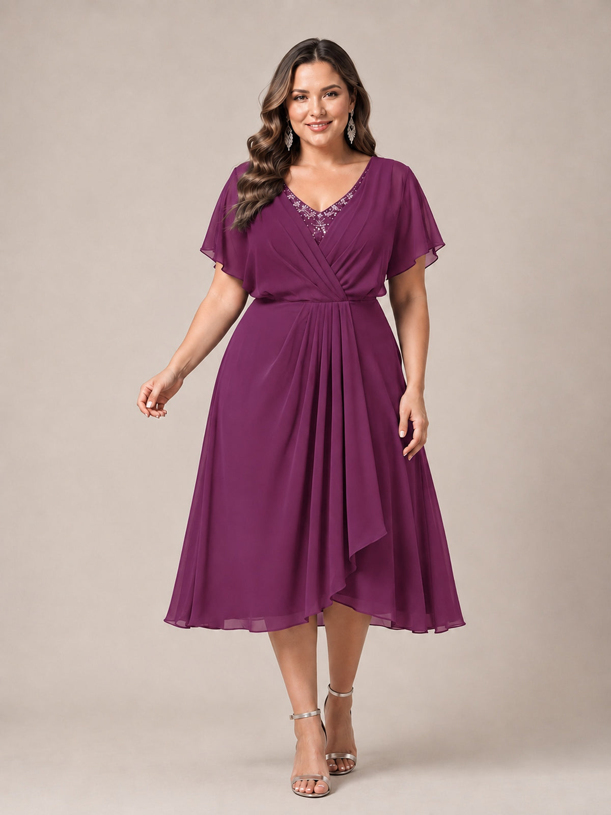 Navy Blue A-Line V-Neck Tea-Length Mother of the Bride Dress