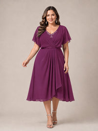 Navy Blue A-Line V-Neck Tea-Length Mother of the Bride Dress